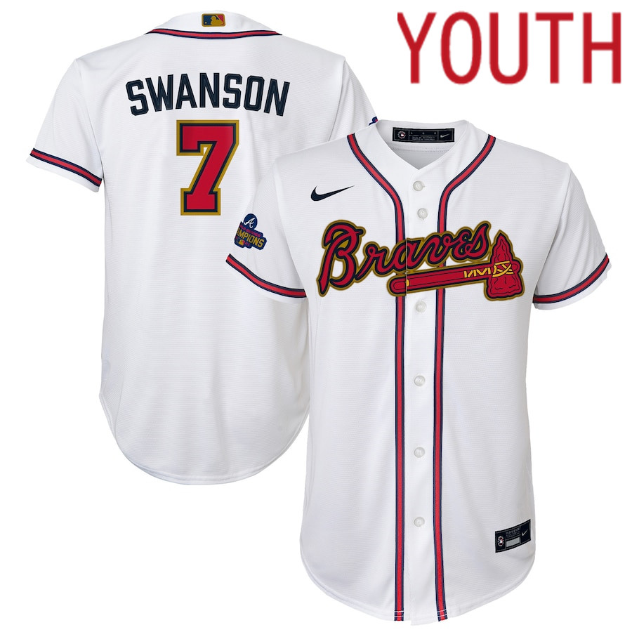 Custom Youth Atlanta Braves 7 Dansby Swanson Nike White 2022 Gold Program Replica Player MLB Jersey